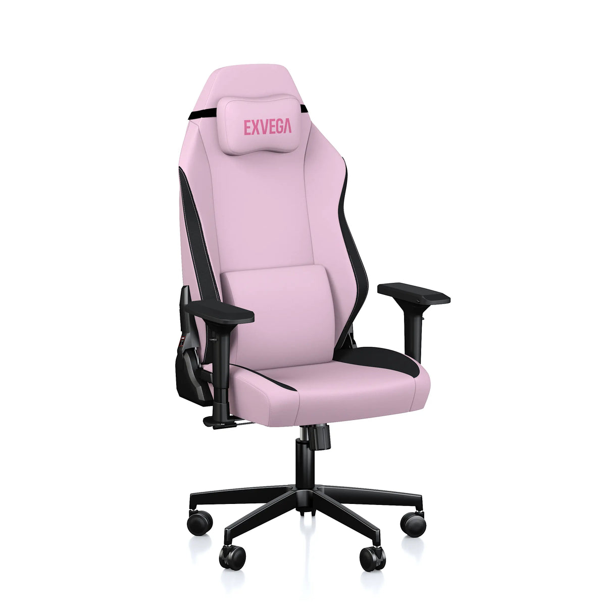 EXVEGA Pandora Peony kumaş oyuncu koltuğu, yumuşak pembe renkli ve ergonomik tasarımlı ofis koltuğu, detaylı görünüm.