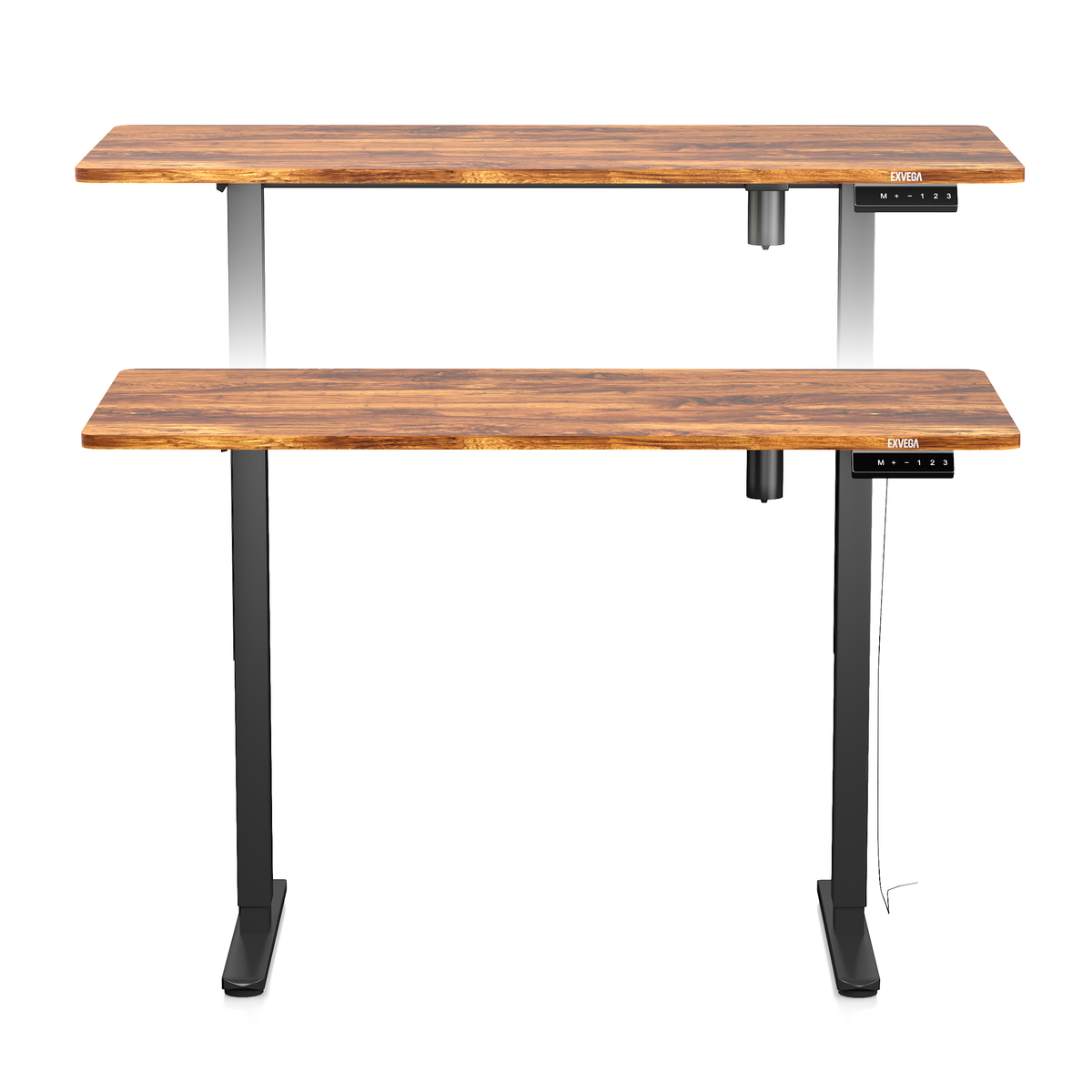 EXVEGA Orbit Walnut yüksekliği ayarlanabilen çalışma masası, ahşap yüzey ve ergonomik tasarım ile ofis kullanımı için ideal.