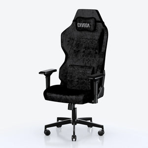 Siyah EXVEGA Andromeda Premium kumaş oyuncu koltuğu, ergonomik tasarım ve rahat oturma alanı ile görüntüleniyor.