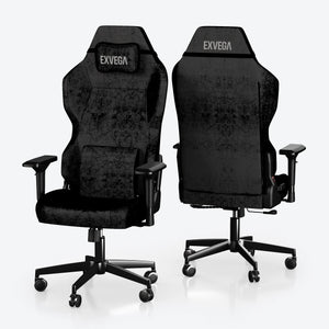 EXVEGA Andromeda Premium siyah koltuk, orbit walnut masa ve XXL siyah mousepad detayları gösteriliyor.