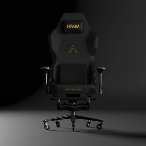 Exvega Andromeda Pro Gold oyuncu koltuğu, rahat ve şık tasarımıyla bilgisayar başında kullanım için uygun.