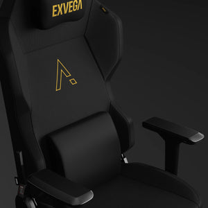 Altın renkli Exvega Andromeda Pro Gold oyuncu koltuğu, ergonomik tasarımla, rahat ve şık ofis ve oyun koltuğu görünümü