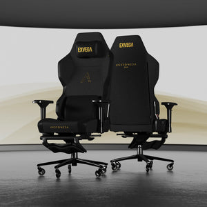Exvega Andromeda Pro Gold oyuncu koltuğu, siyah ve altın detaylarla ergonomik tasarıma sahip konforlu oyun koltuğu.