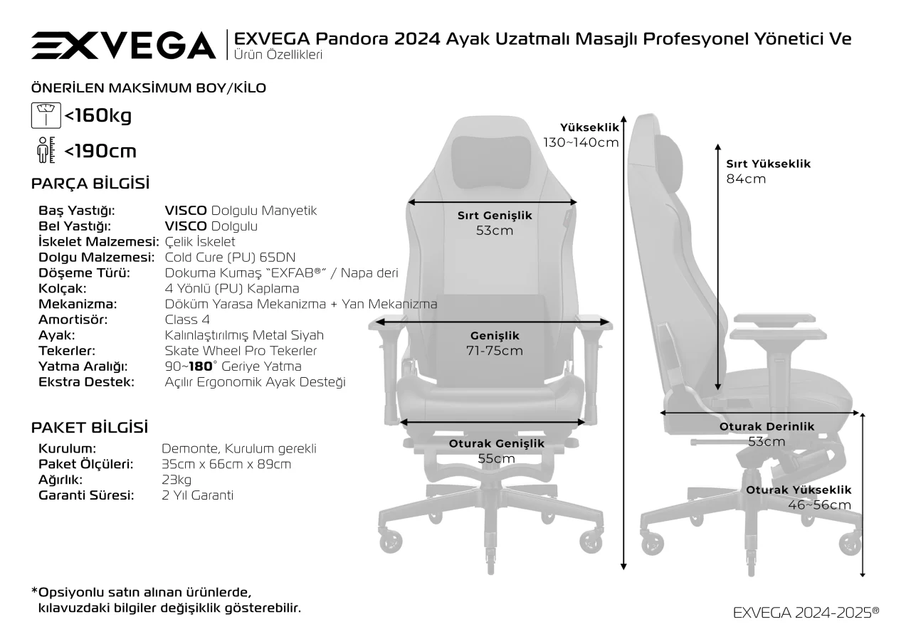 EXVEGA Pandora 2024 Ayak Uzatmalı Masajlı Profesyonel Yönetici Ve Çalışma Koltuğu Ürün Özellikleri