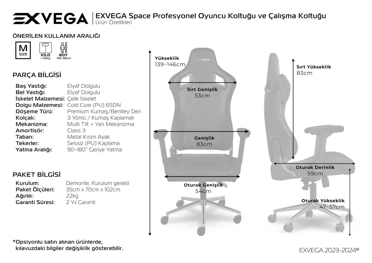 EXVEGA Space Profesyonel Oyuncu Koltuğu ve Çalışma Koltuğu Ürün Özellikleri