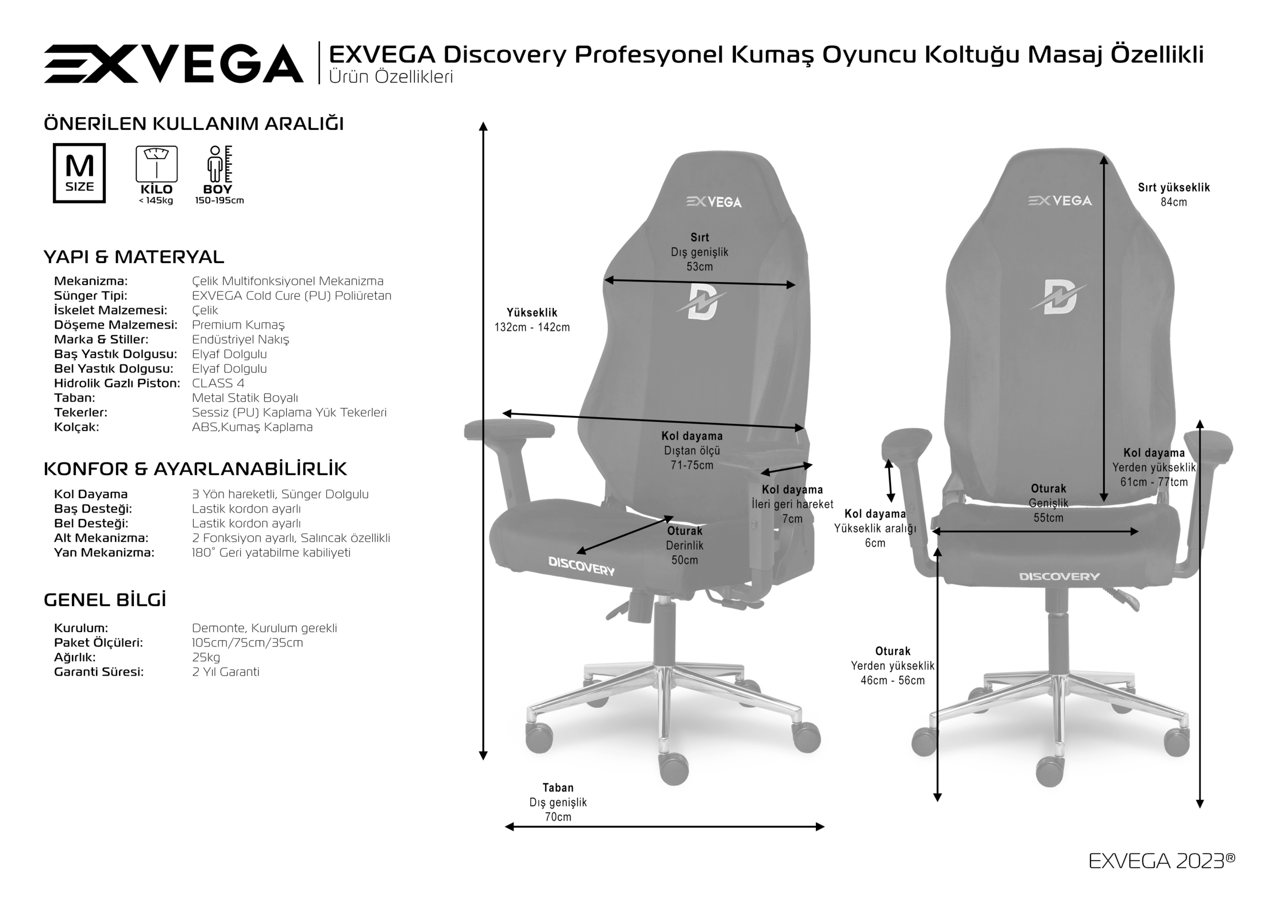 EXVEGA Discovery Profesyonel Kumaş Oyuncu Koltuğu Masaj Özellikli Siyah