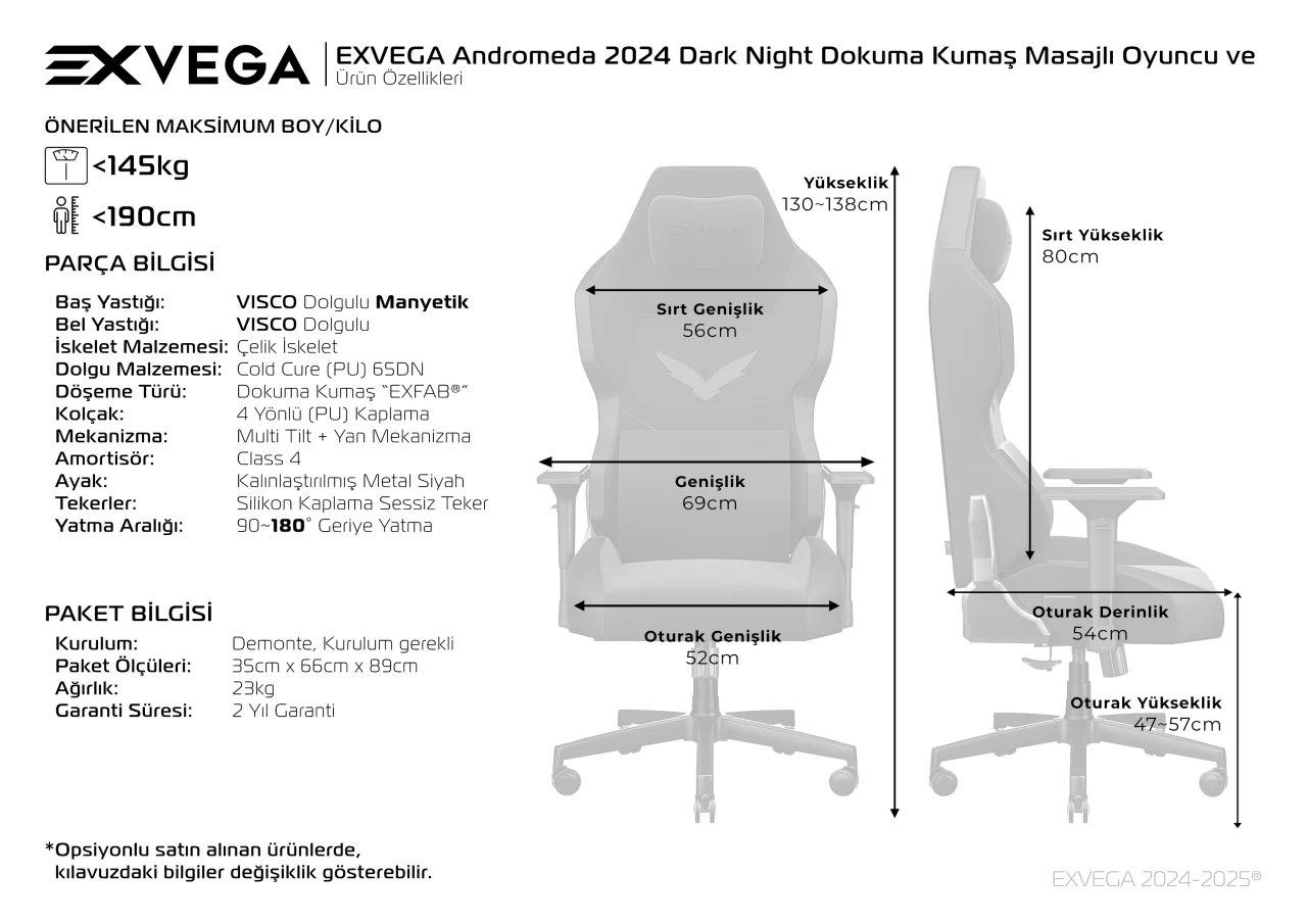 EXVEGA Andromeda 2024 Dark Night Dokuma Kumaş Masajlı Oyuncu ve Çalışma Koltuğu Ürün Özellikleri