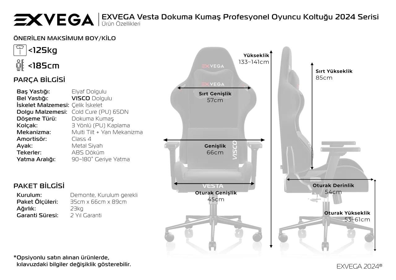EXVEGA Vesta Dokuma Kumaş Profesyonel Oyuncu Koltuğu 2024 Serisi Ürün Özellikleri