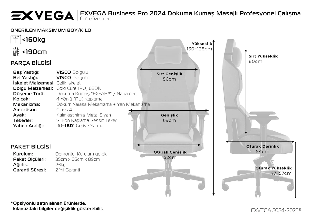 EXVEGA Business Pro 2024 Dokuma Kumaş Masajlı Profesyonel Çalışma Koltuğu Ürün Özellikleri