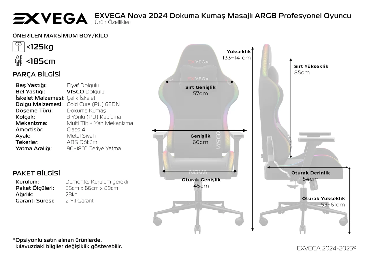 EXVEGA Nova 2024 Dokuma Kumaş Masajlı ARGB Profesyonel Oyuncu Koltuğu Siyah Ürün Özellikleri