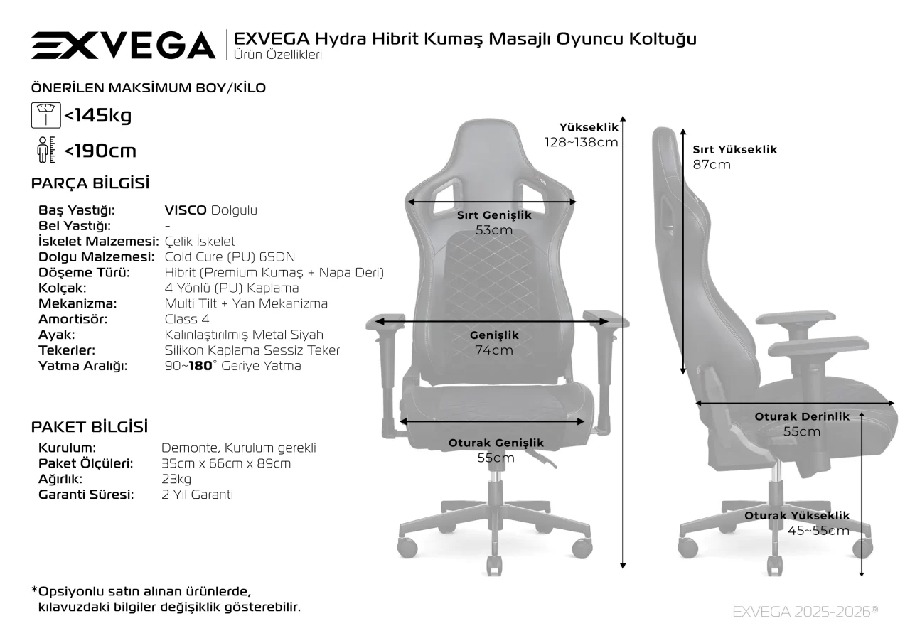 EXVEGA Hydra Hibrit Kumaş Masajlı Oyuncu Koltuğu Teknik Özellikler